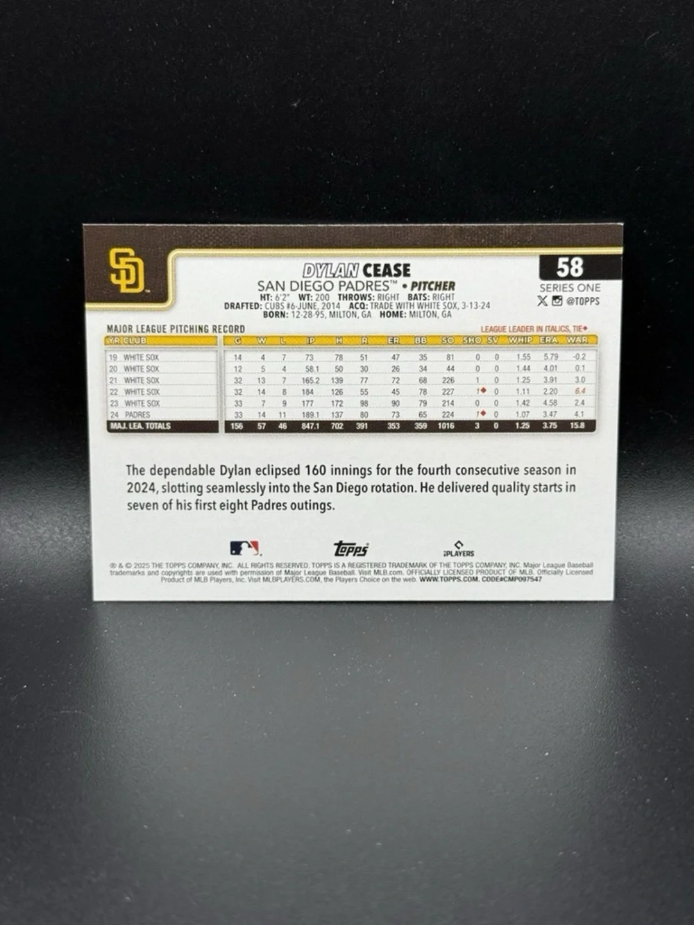 Dylan Cease 2025 Topps Series 1 #58 San Diego Padres Baseball Card - Picture 2 of 2